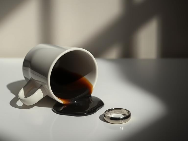 Spilled coffee nearing a wedding ring, symbolizing the danger of coffee dates.