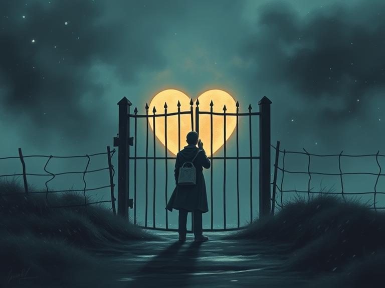 Person locking gate in storm with glowing heart, symbolizing one spouse protecting the marriage. 