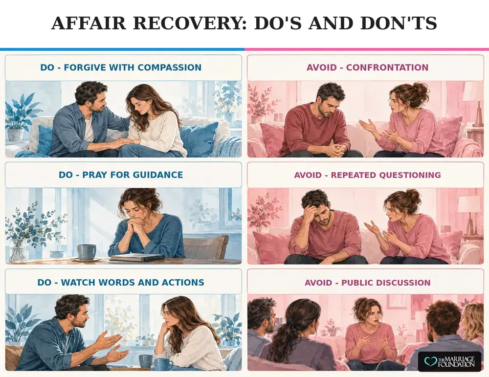Six-panel affair recovery guide covering compassionate forgiveness, prayer, mindful speech, confrontation, questioning, and public discussion.