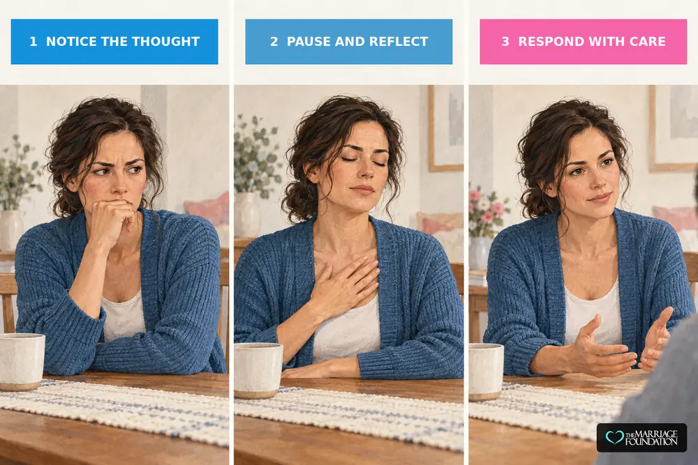 Three-panel illustration showing a woman notice a difficult thought, pause and reflect, then respond with care.