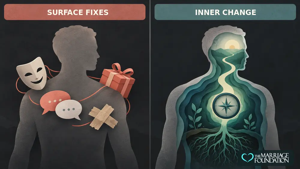 Split illustration contrasting surface fixes such as gifts and promises with rooted inner change and self-direction.