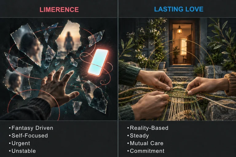 Comparison graphic showing limerence as fragmented and unstable and lasting love as grounded, mutual commitment.