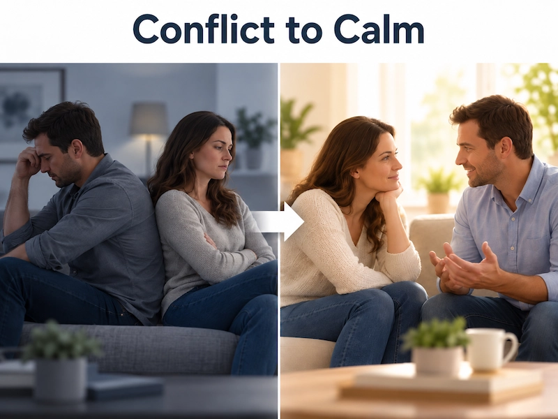 Couple moving from emotional conflict toward calmer and more positive communication