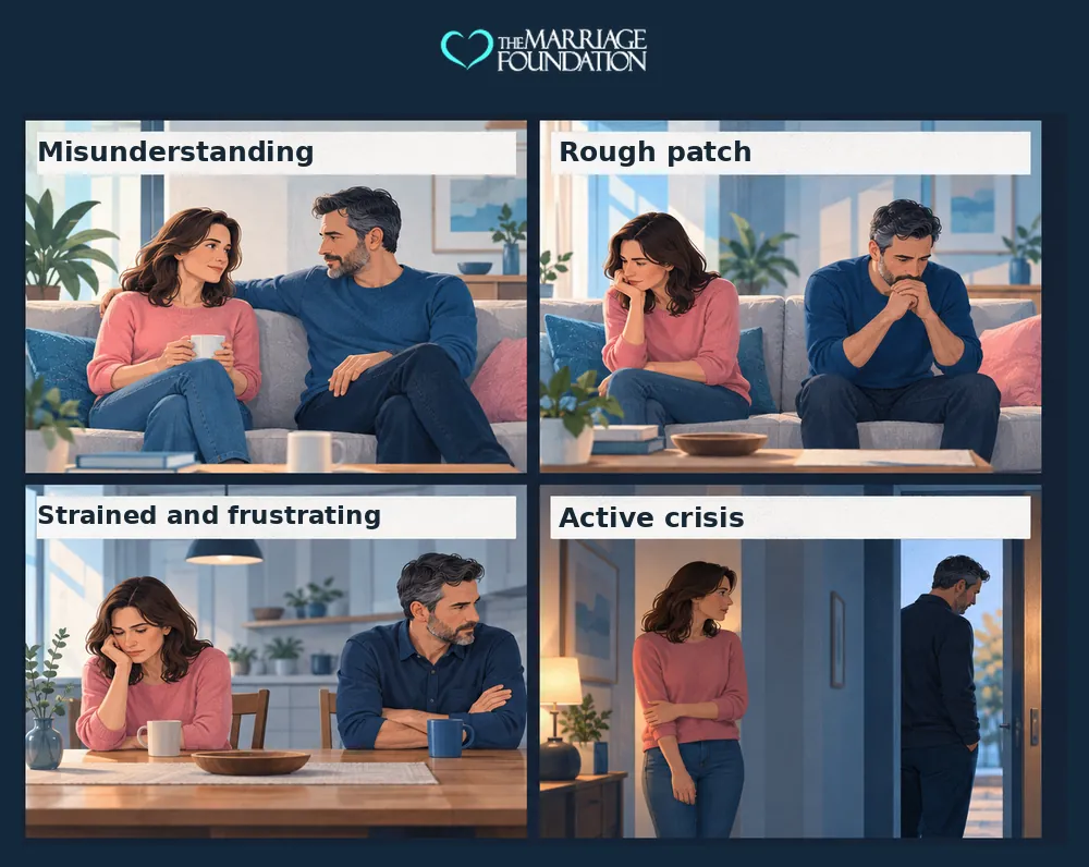 Four-panel guide showing a misunderstanding, a rough patch, a strained marriage, and an active crisis