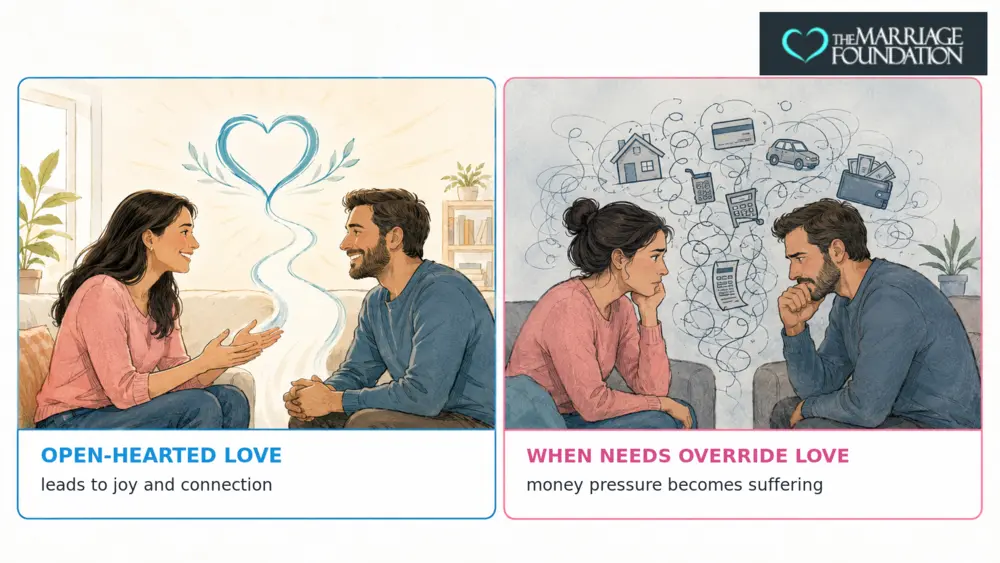 Two-panel illustration contrasting open-hearted connection with strain caused by money worries.