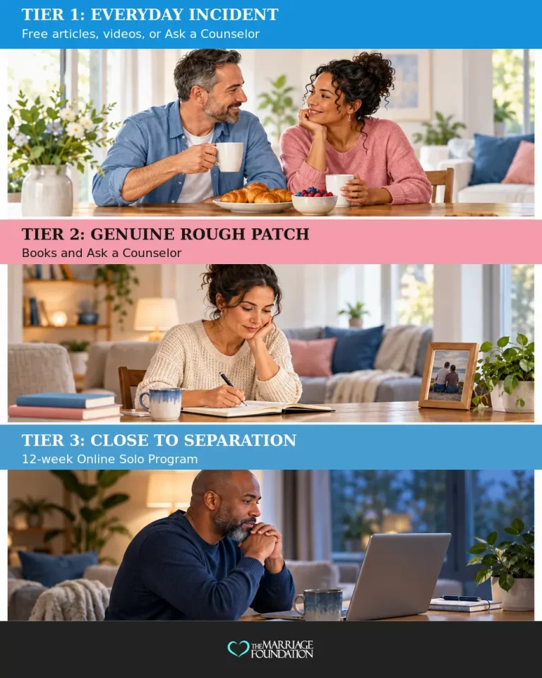 Three levels of marriage difficulty with solo support options for each situation