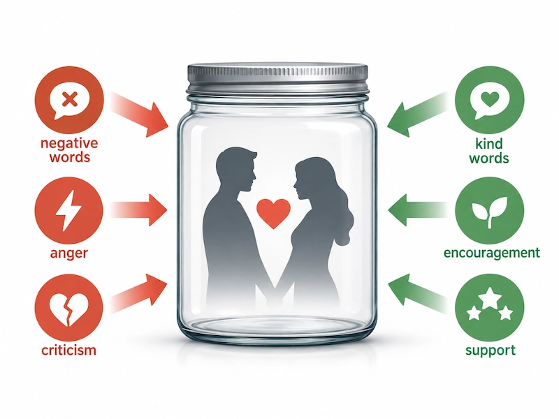 Marriage container showing negative inputs reduced and positive words, support and encouragement added