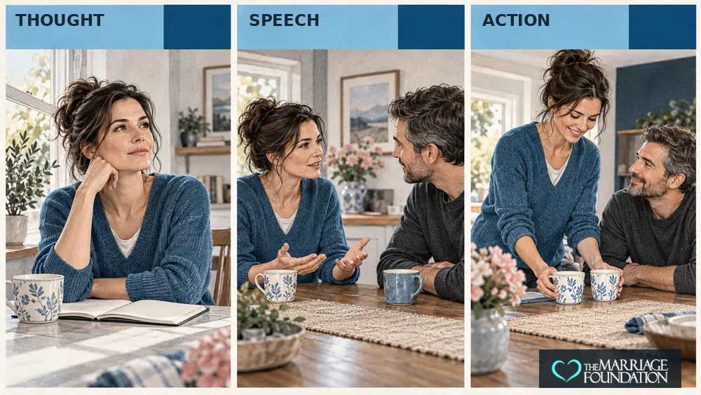 Three panels show a woman pausing to think, speaking calmly, and taking a constructive action with her husband.