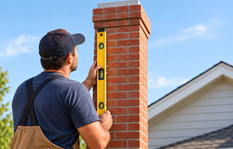 Builder checking a straight brick chimney with a spirit level